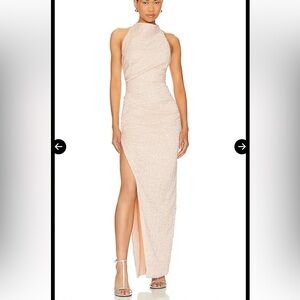 Nookie Halter High-Low Sequin Dress in Light Beige